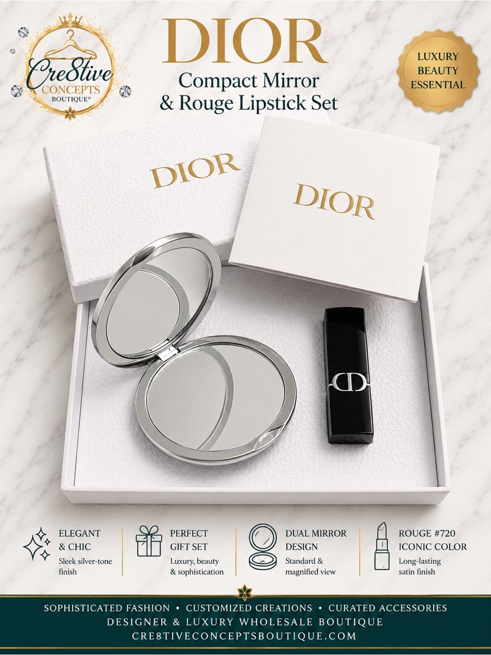 Dior Compact Mirror & Rouge #720 Lipstick Luxury Gift Set